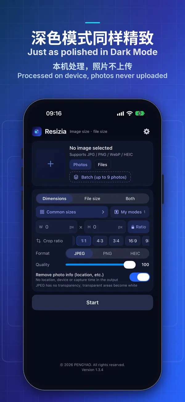 Resizia iPhone 截图：深色模式